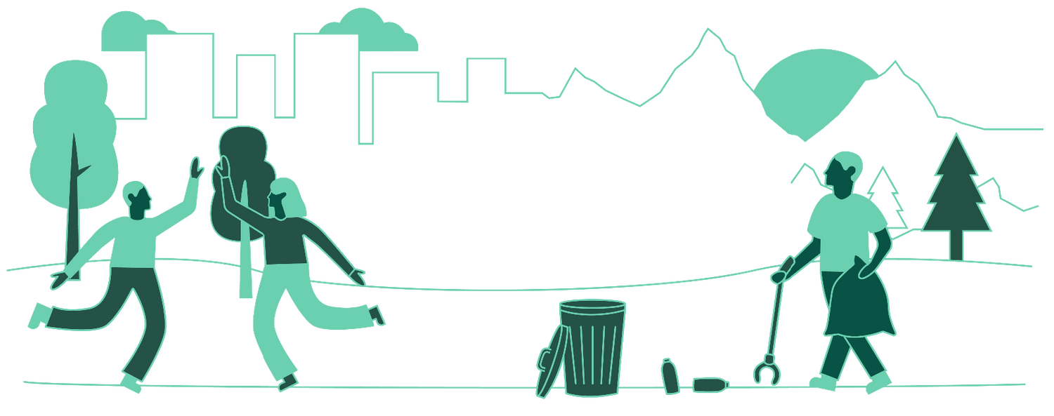 Vector illustration of a man and woman high fiving in a park next to a man picking up trash.